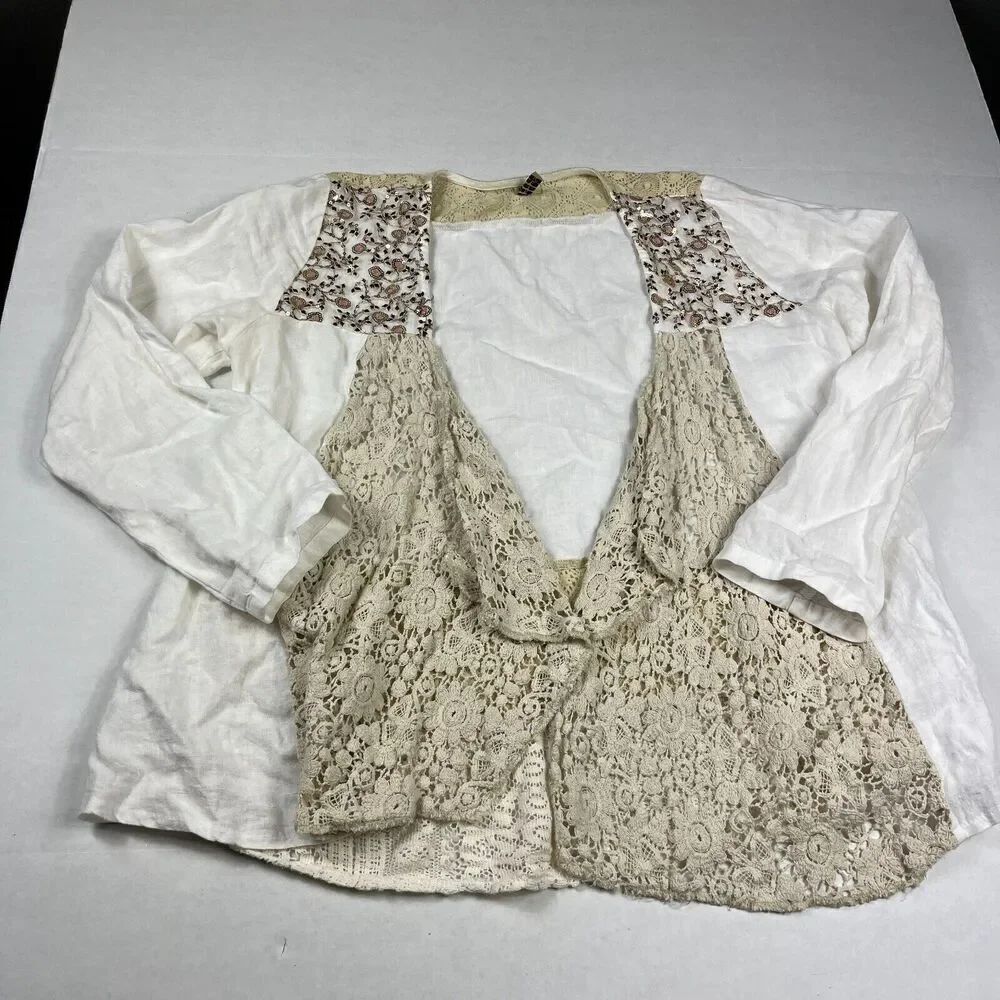 Marilu Womens Linen Blend Jacket White Open Front Lace Sequin Boho SMALL FLAW